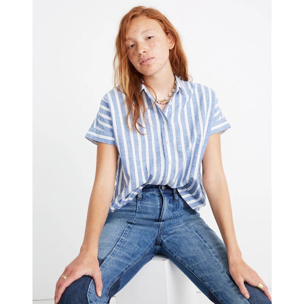 Madewell Womens Cotton Cropped Short Sleeve Button Down Coastal Capsule Small